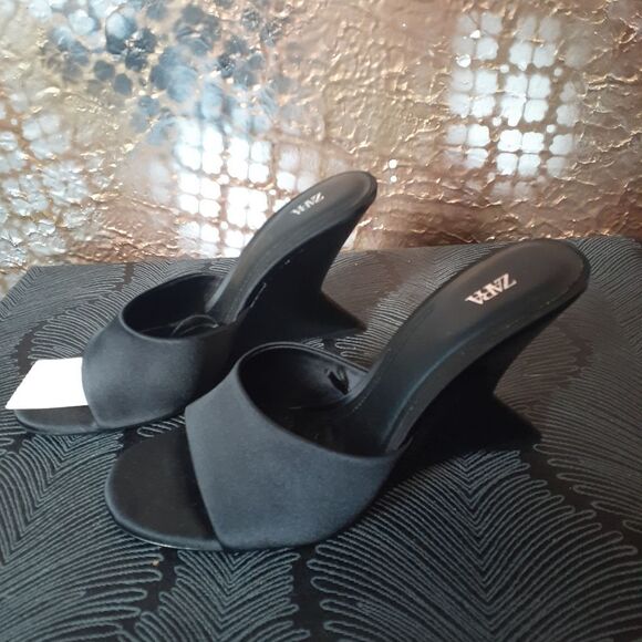 Zara Nwt Black Open-Toe Wedge Heels - Picture 10 of 14